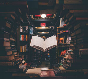 Book floating in library