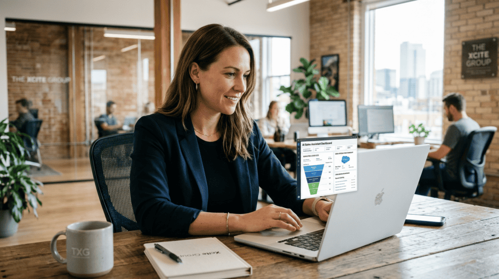 Businesswoman working on a laptop in a modern office setting.