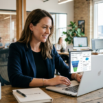 Businesswoman working on a laptop in a modern office setting.