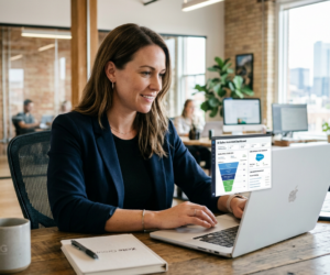 Businesswoman working on a laptop in a modern office setting.