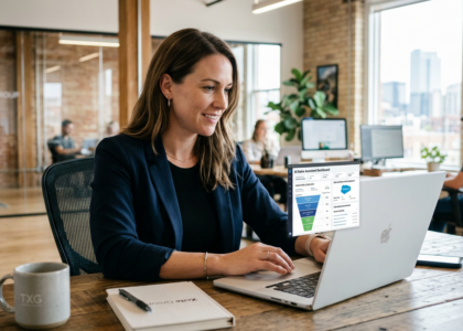 Businesswoman working on a laptop in a modern office setting.