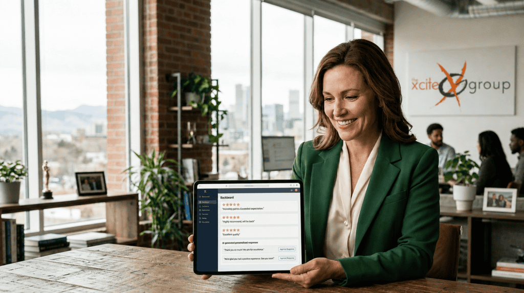 Professional business owner in a modern Denver office reviewing positive 5-star customer feedback on a tablet, with The Xcite Group branding seamlessly integrated into a sleek, authentic creative agency environment.